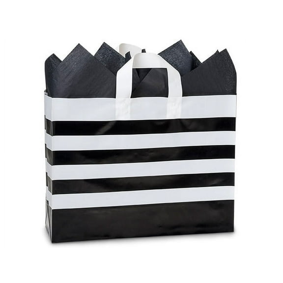 Pack Of 100, Black Bold Stripe Plastic Shopping Bags 4 Mil Hdpe - Vogue 16 X 5 X 12" For Christmas, Valentine's Day & Weddings