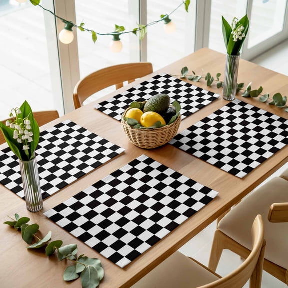 Classic Chic Black White Buffalo Lattice Placemats Set of 4,Wipeable Washable Table Mats for Dining Tables, Gingham Plaid Place Mats for Kitchen Event Party Tabletop Decor
