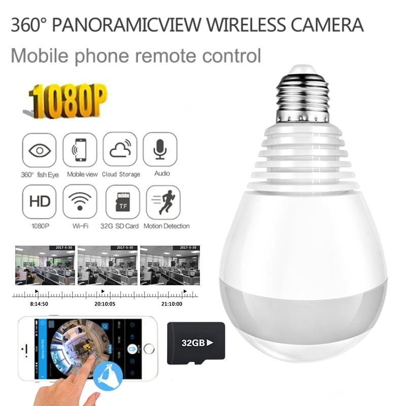 1080P WiFi Light Bulb Camera, 360° Panoramic Wireless View Camera Bulb