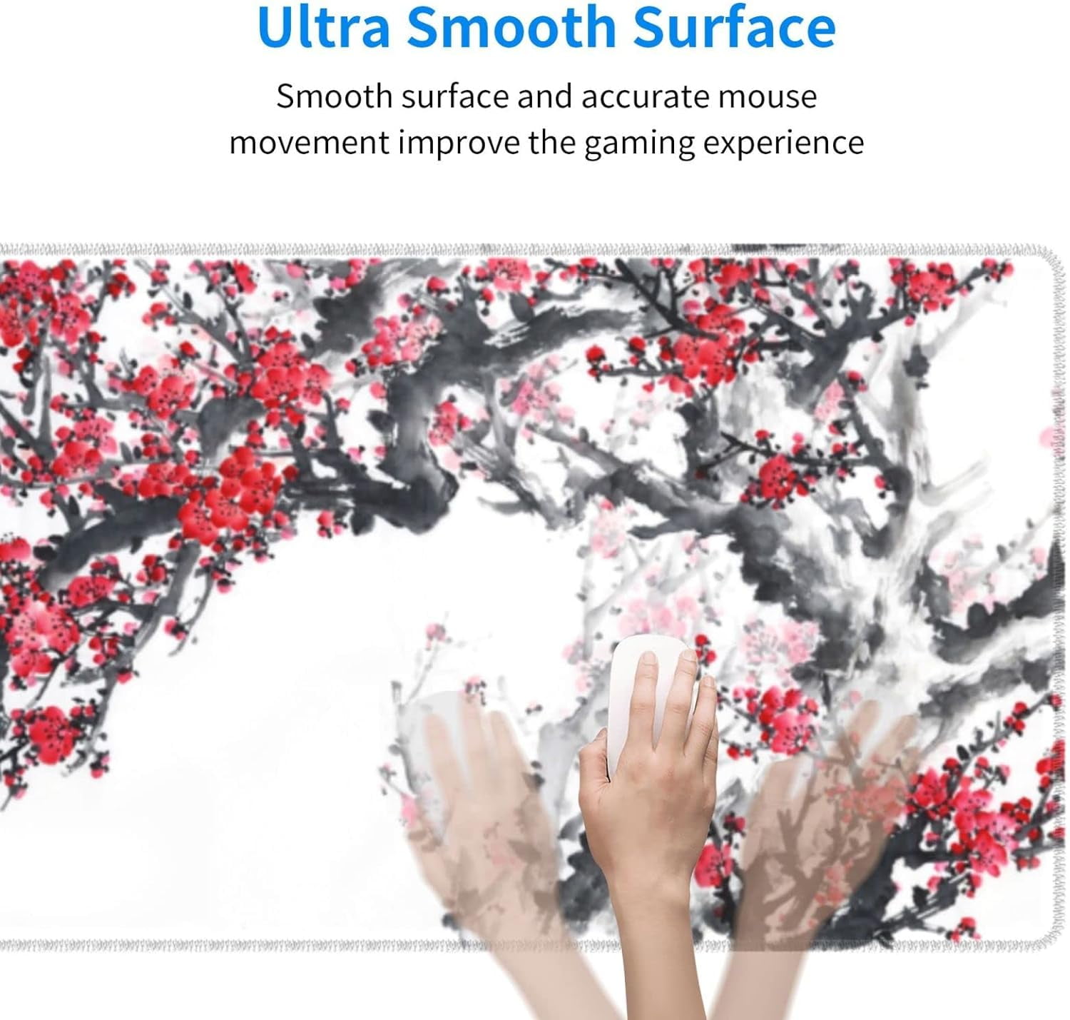 Large Gaming Mouse Pad, Plum Blossom XL Mousepad, Stitched Non-Slip Extended Keyboard Mats for Desk, Big Long Computer Loptop Pads Gifts for Women, (Red White, 31.5 * 11.8 in)