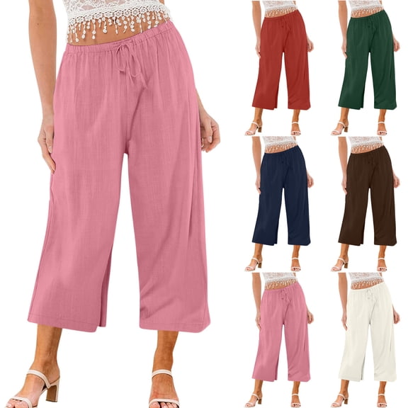 BVOFAR Capri Pants for Women Stretch Elastic High Waist Dress Pant Loose Pull On Straight Leg Cropped Trousers with Pockets Summer Beach Capris Dark Blue M
