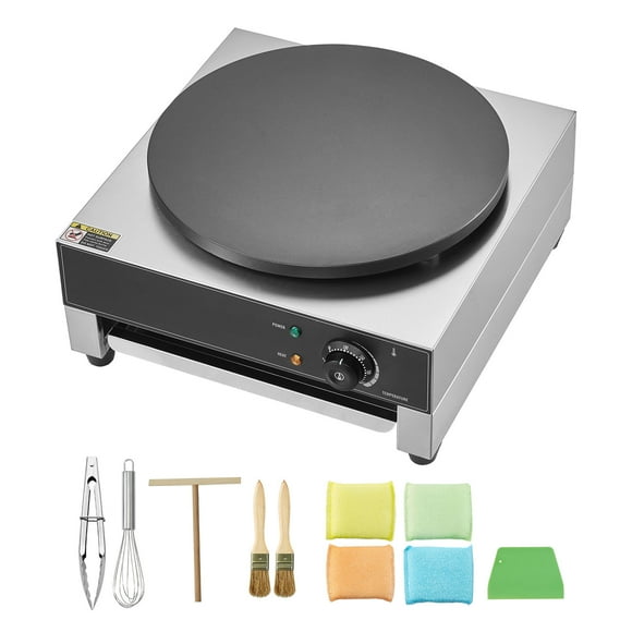 KFFKFF Machine à Crêpes Électrique, Qualité Commerciale 16 Pouces, Plaque de Cuisson Plate 1700W, Antiadhésive et en Acier Inoxydable pour Crêpes, Machine à Crêpes Ronde de Bureau pour Céréales avec Réglage de la Température