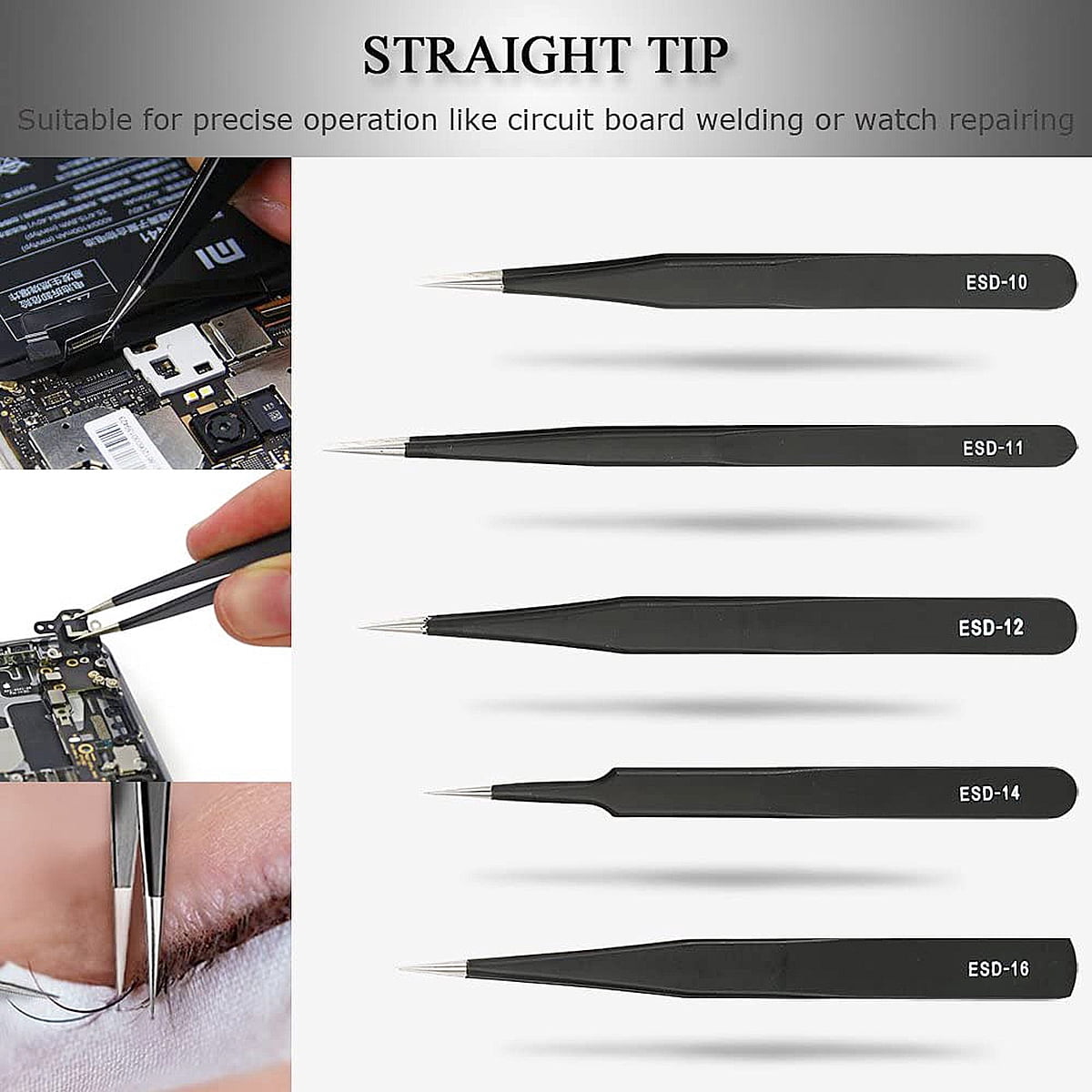 Precision Anti-Static Stainless Steel 9 in 1 Tweezers Kit Set For Electronics/Jewelry-Making/Laboratory Work/Hobbies