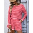 thumbnail image 4 of 2 Piece Sets for Women Summer Cute Stripe Long Sleeve Knit T Shirts Shorts Matching Lounge Set Rose Red L, 4 of 8
