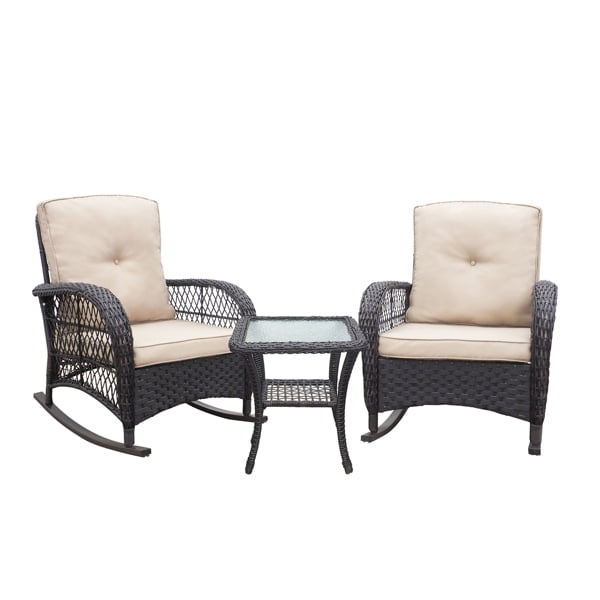 Dsseng 3 Pieces Wicker Patio Rocking Chair Set, Rattan Rocking Chair
