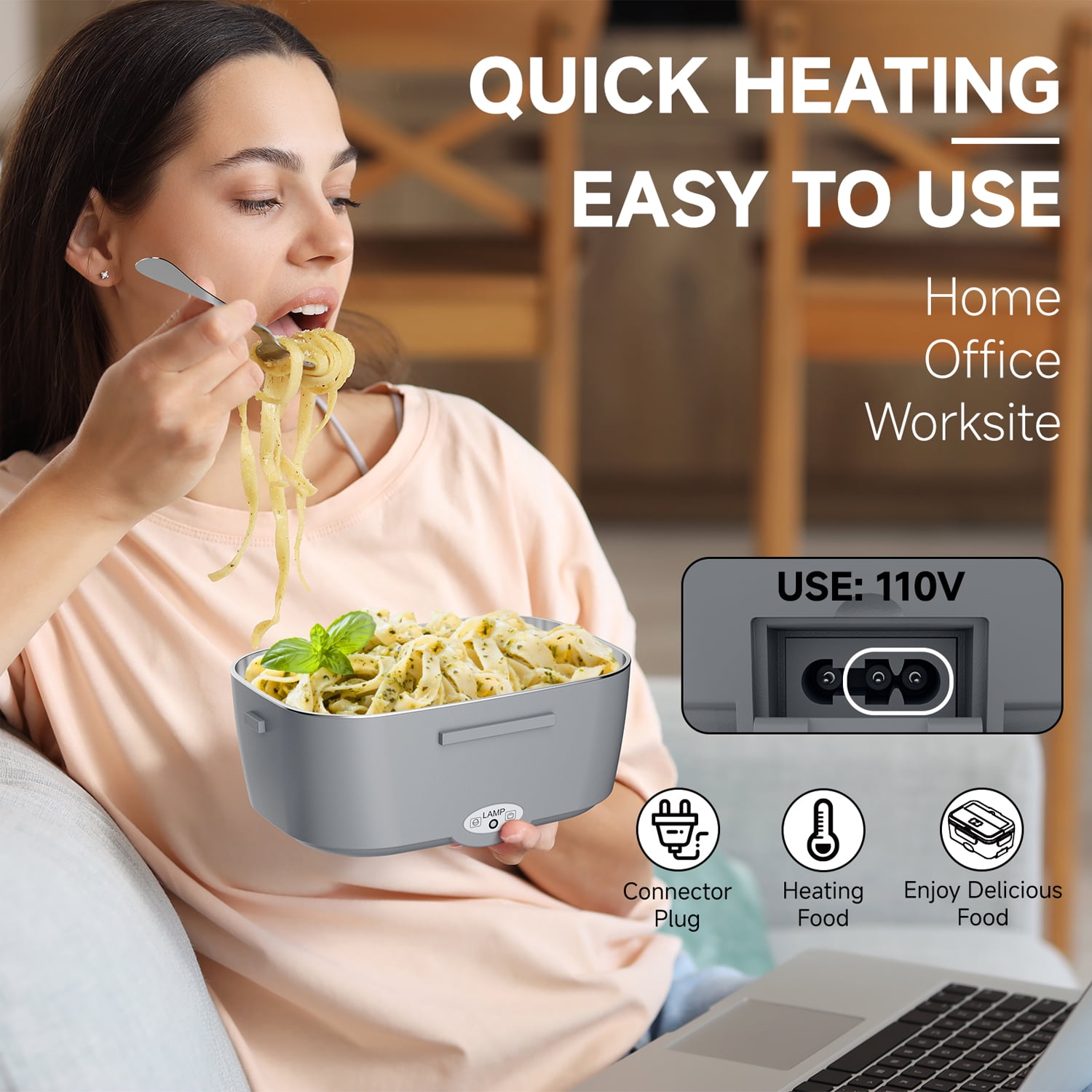 Sitlais Electric Lunch Box Food Heater for Work - 12V/24V/110-220V Food Warmer for Car Truck Outdoor with 2 Packs Stainless Steel Containers Potable Heating lunch Box for Adults Camping(grey)