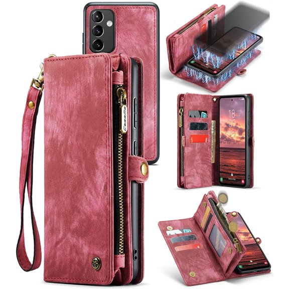 Wallet Case for Samsung Galaxy A54 5G, Zipper Purse Leather Case with Magnetic Detachable Shockproof TPU Bumper Shell Cover Compatible with Samsung Galaxy A54 5G 2023 (Red)