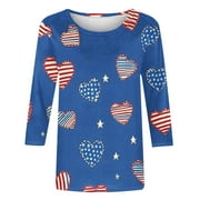 Tops for Women Trendy Shirts Clothes Everyday Wear Women's Fashion Printed T-Shirt 3/4 Sleeves Blouse Round Neck Casual Blue M