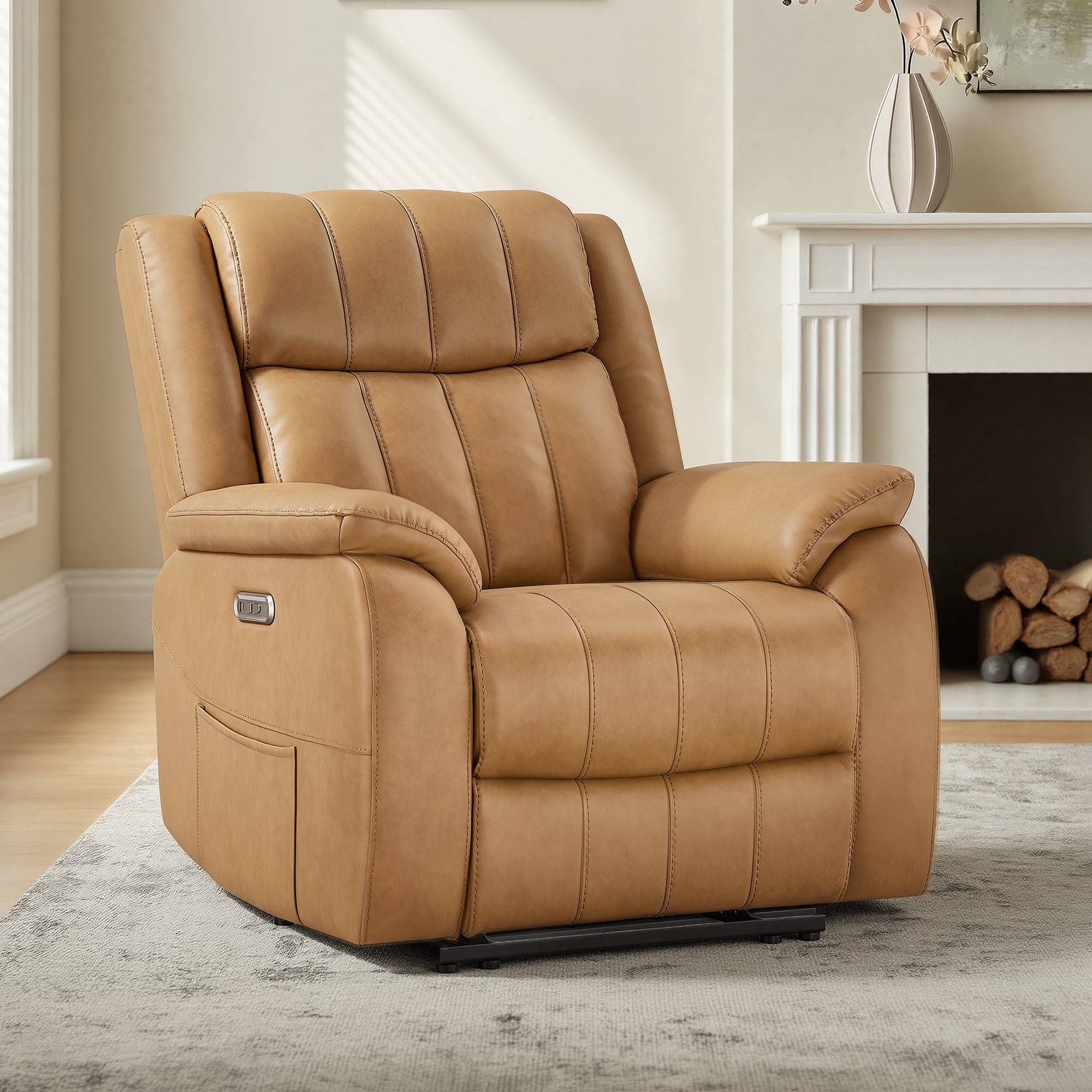 Spruce & Spring Power Recliner Chair, Modern Faux Leather Wall Hugger Electric Recliner Sofa with Channel Tufted Back and Overstuffed Armrests, Adjustable Living Room Single Sofa, Saddle Brown
