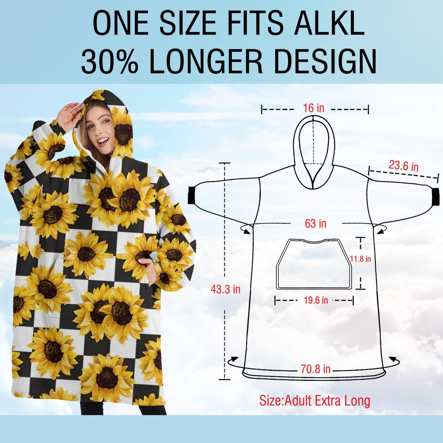Oversized Wearable Blanket Hoodie,Black White Checker Sunflower Pattern Sherpa Blanket Hoodie with Super Pockets,Super Warm Fuzzy Pullover for Women & Men