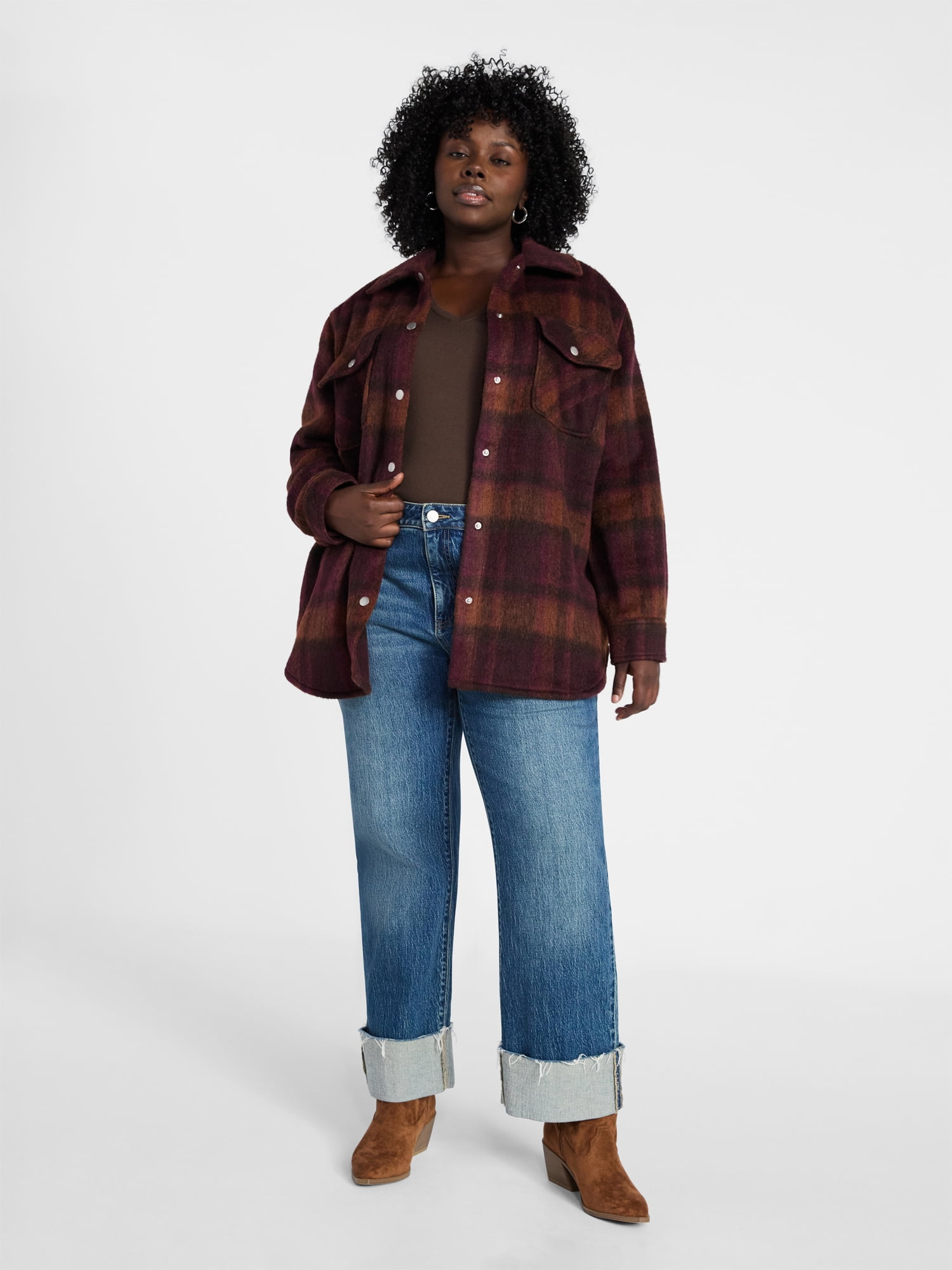 Terra & Sky Women's Plus Longline Brushed Plaid Shacket, Midweight, Sizes 0X-5X