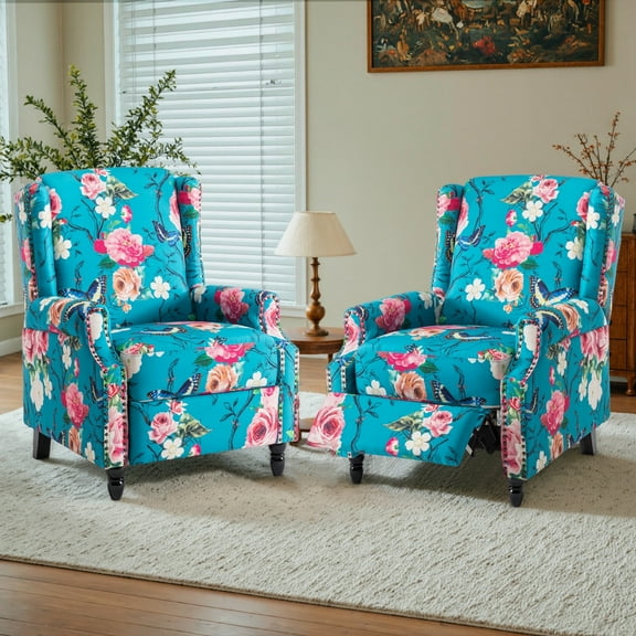 DREAMSIDEA Push Back Recliner Chair Set of 2 Living Room, Wingback Reclining Sofa Chair, Fabric Floral Recliner Reading Chair with Footrest for Living Room/Office/Apartment, Peacock Blue