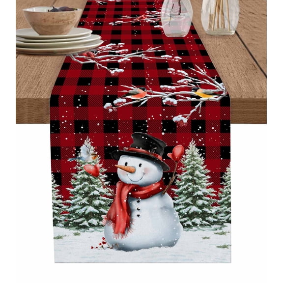 Red Plaid Snowman Christmas Table Runner 36 Inches, Xmas Tree Snowflake Birds Branches Bed Runner Dresser Scarves Tabletop for Indoor Outdoor Parties/Ceremony/Banquet, 13"x 36"