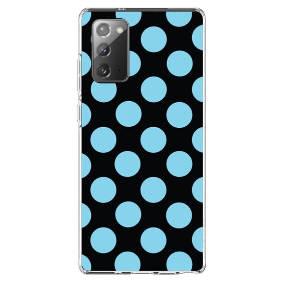 DistinctInk Clear Shockproof Hybrid Case for Samsung Galaxy Note 20 (6.7" Screen) - TPU Bumper, Acrylic Back, Tempered Glass Screen Protector - Black Blue Polka Dots