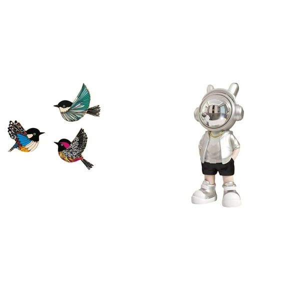 Siruishop Wooden Bird Astronaut Wall Art Modern Flying Birds Tabletop Ornament Creative Figurine for Garden Study Room Farmhouse Fireplace Shelf Desk Housewarming Gift