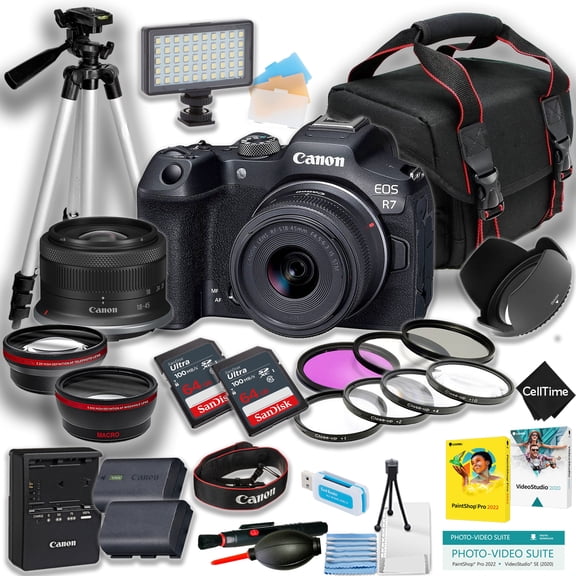 Canon EOS R7 Mirrorless Camera w/18-45mm lens   2pc 64GB Memory Card   LED Light   Extra Battery  Tripod   More (21pc Bundle)
