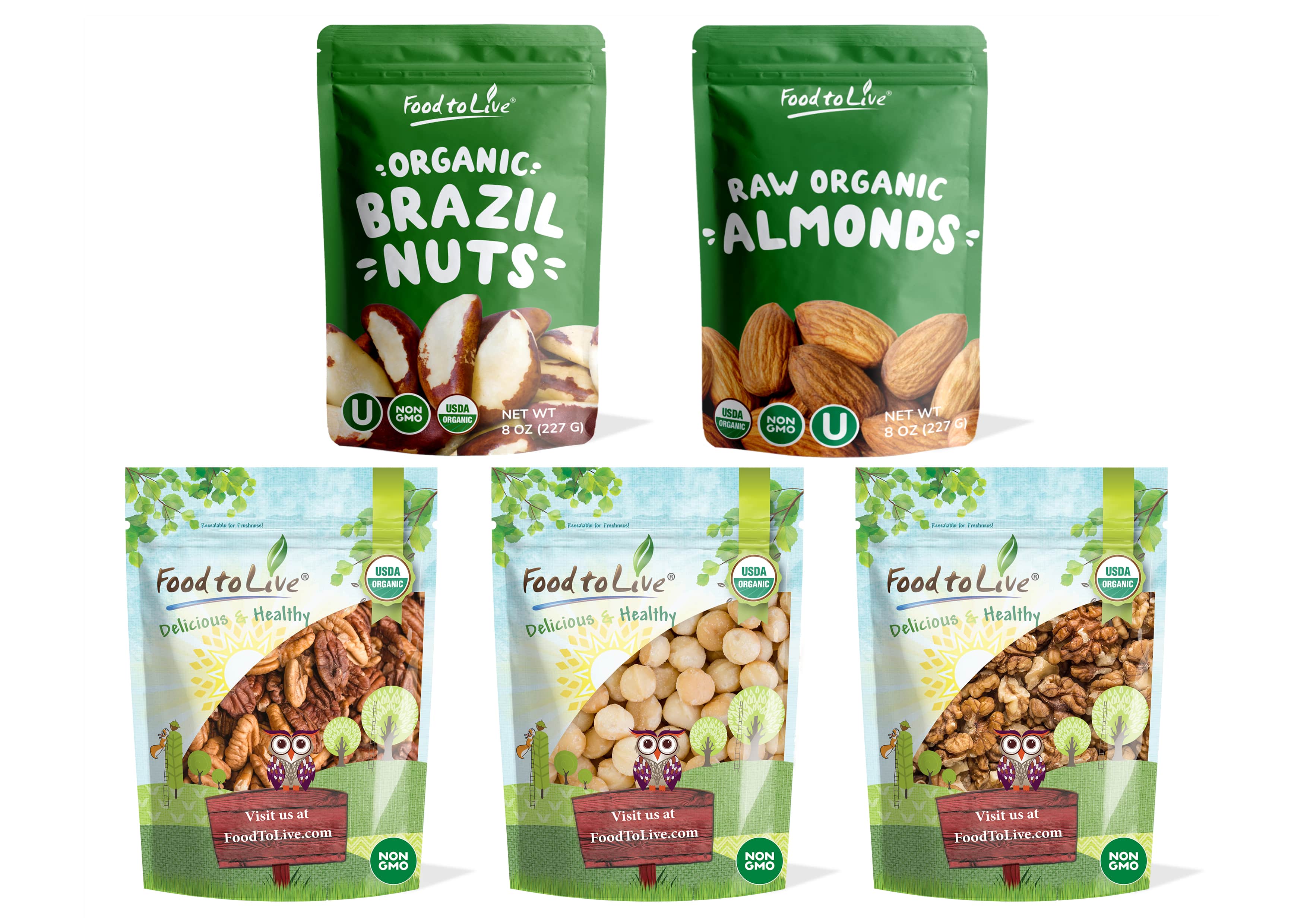Organic Heart Healthy Nuts in a Gift Box - A Variety Pack of Pecans, Macadamia Nuts, Almonds, Walnuts and Brazil Nuts ? by Food to Live