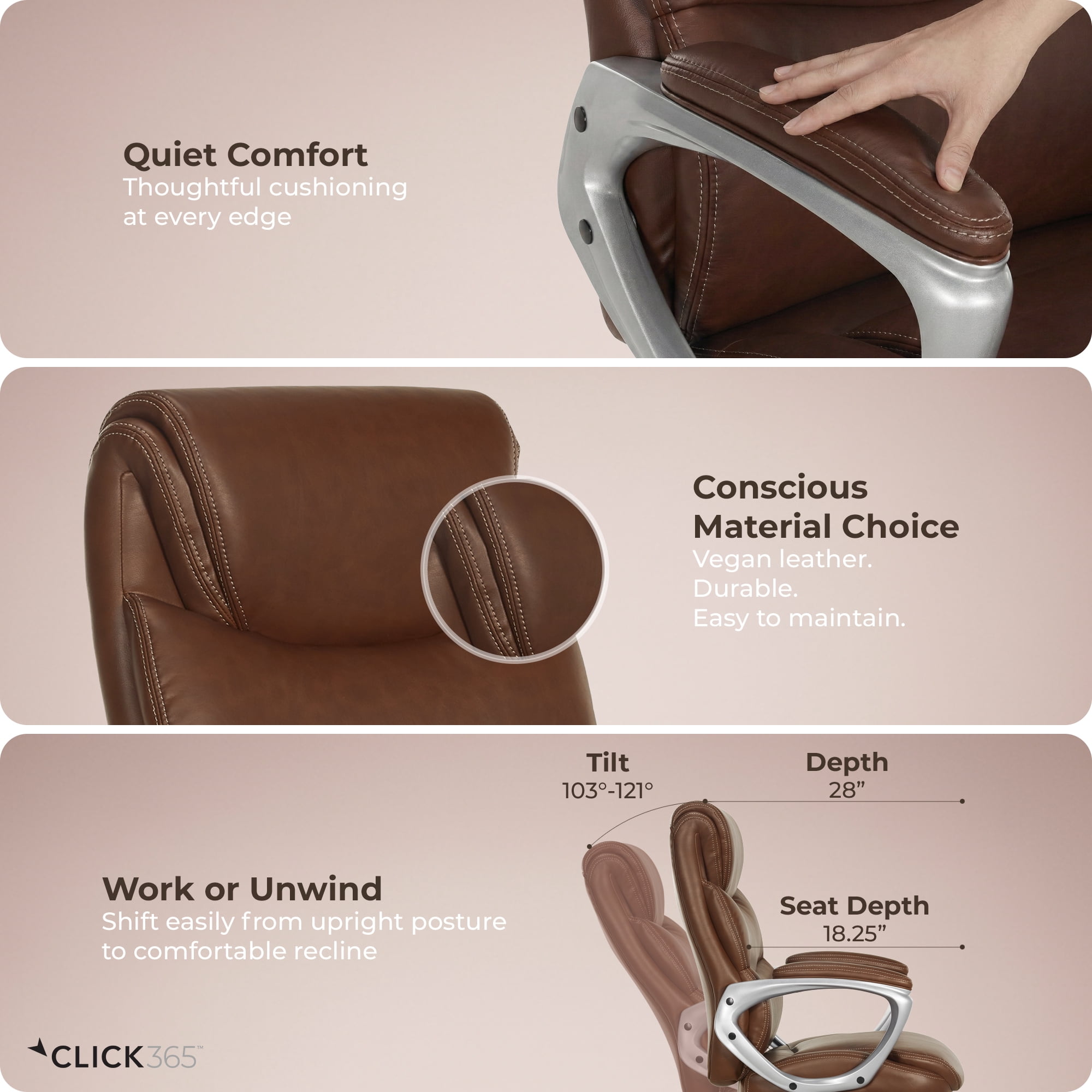 Click365 Adult Polyurathane High Back Indoor Commercial Ergonomic Office Chairs Office Chair, Brown