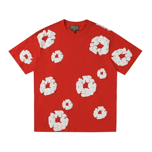 2024 primavera y verano Denim Tears Kanye's mismo estilo espuma kapok calle alta pantalones cortos sueltos para hombres y mujeresManga Corta D291-Rojo