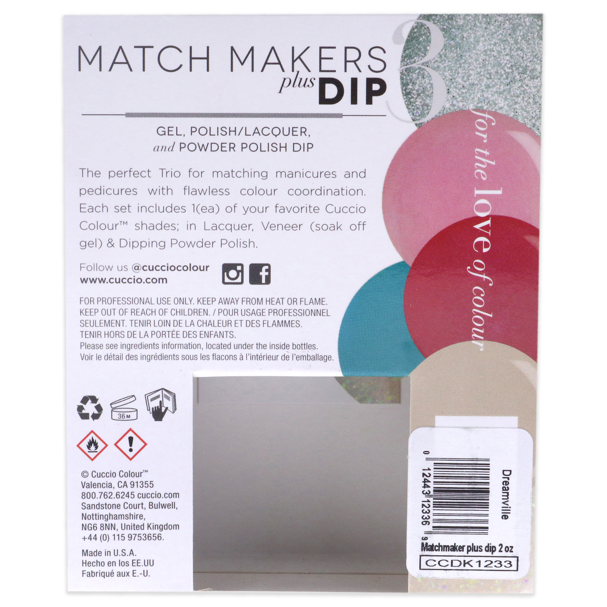Match Makers Plus Dip - Dreamville by Cuccio Colour for Women - 3 Pc 1.6oz Pro Powder Polish Dip System, 0.44oz Veneer Soak Off Gel, 0.43oz Colour Nail Polish