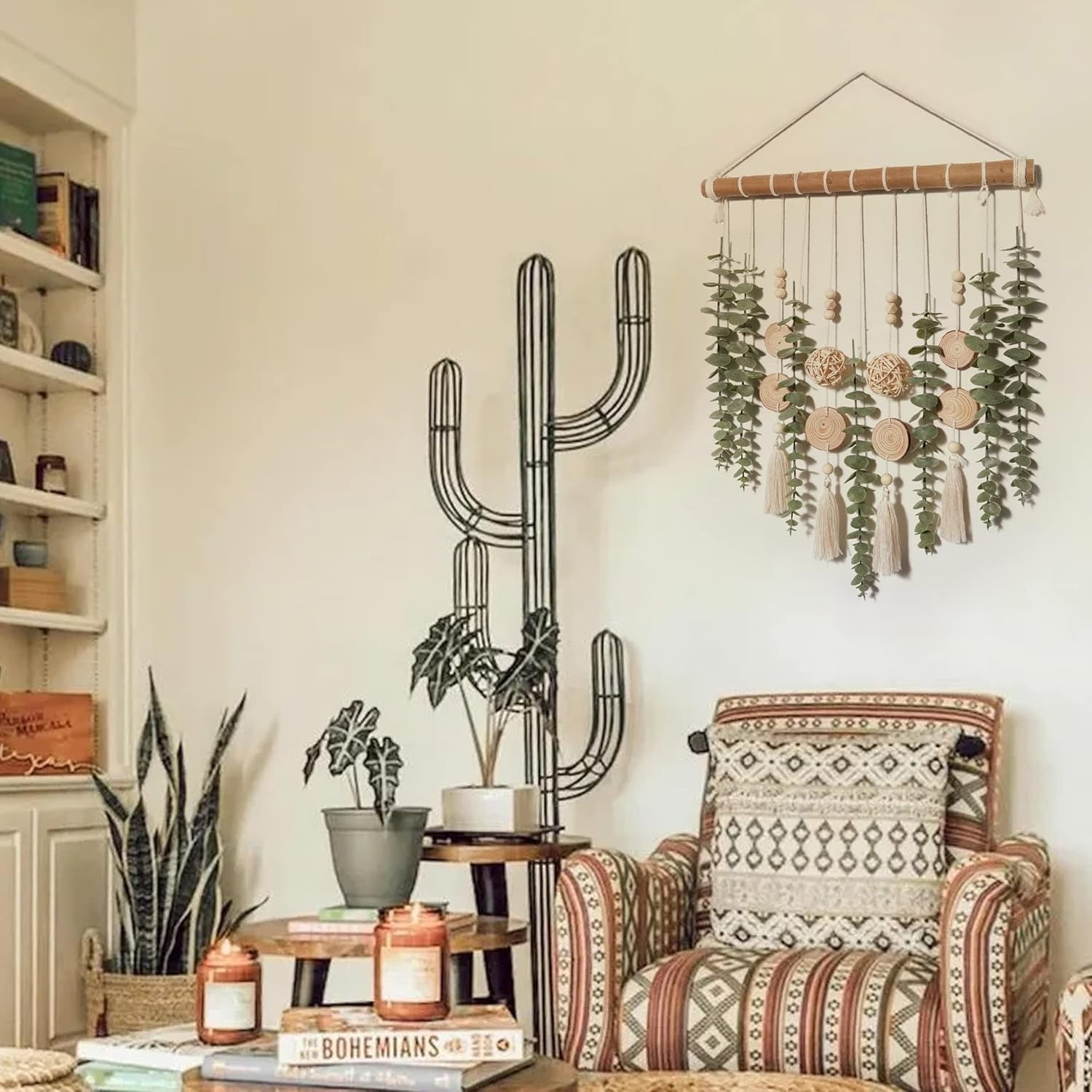 Artificial Eucalyptus Decor Boho Wall Decor Fake Eucalyptus Farmhouse Wall Hanging Greenery Vines Leaves Wall Hanging Plants on 16.5 inch Wooden Stick with Wicker Ball for Bedroom Nursery Kitchen