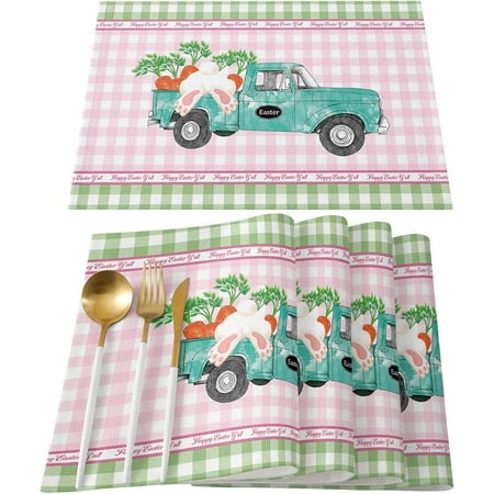 

Easter Placemats Set of 6 Cotton Linen Heat Resistant Table Mats Non-Slip Washable Happy Easter Pink Green Buffalo Blue Truck Bunny Placemat for Holiday Banquet Dining Kitchen Table Decor