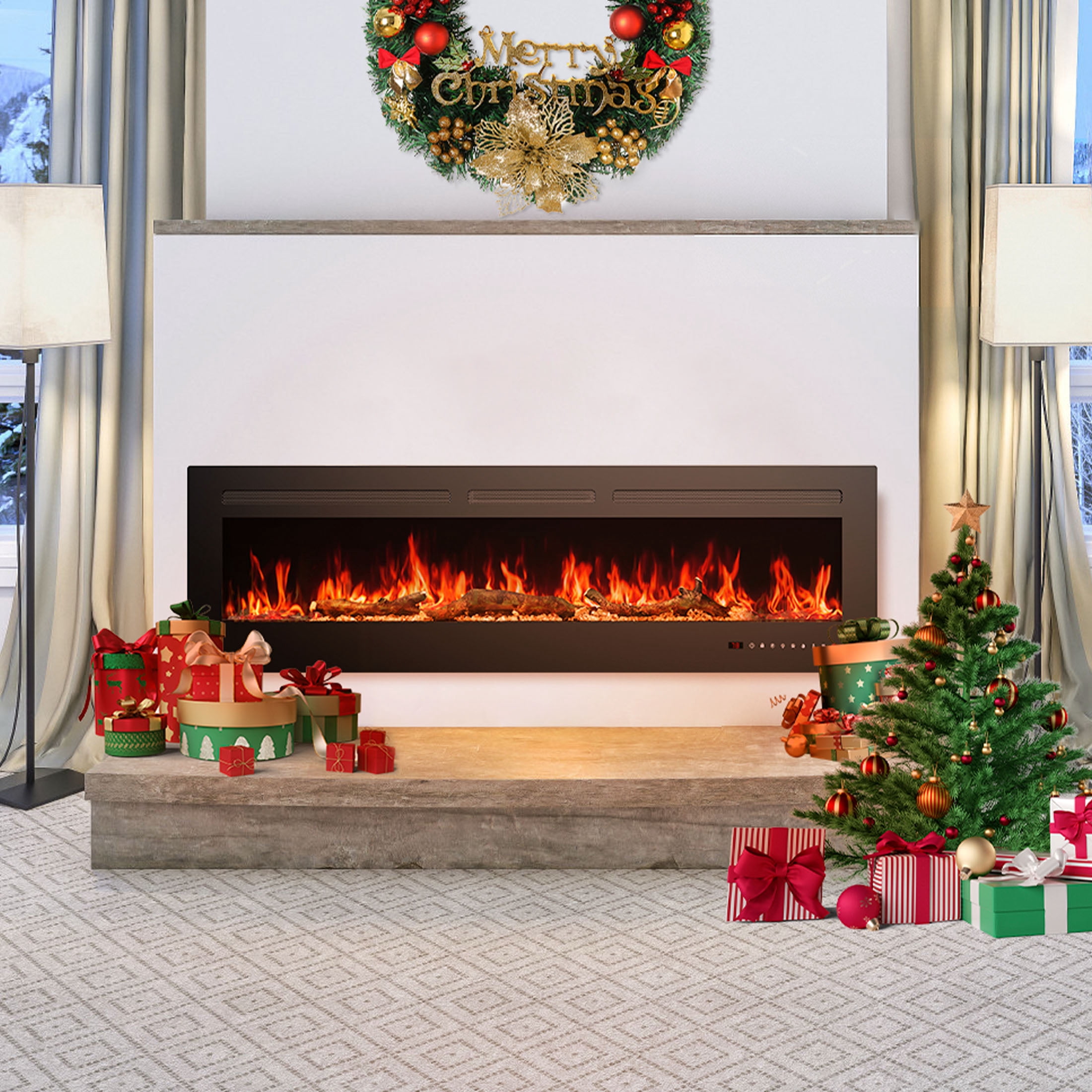 edx 60'' Electric Fireplace, 1500W/750W Wall Mount or Recessed Fireplace Insert and Freestanding, Electric Fireplace Heater with Remote Control,13 Adjustable Flame Color, 12H Timer, Touch Screen