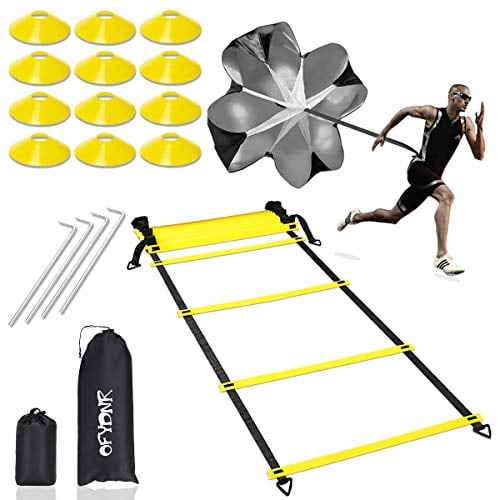 Exercise Equipment To Boost Fitness Footwork 12 Disc Cones Speed & Agility Training Set Increase Speed 4 Steel Stakes Coordination Includes Agility Ladder with Drawstring Bag 4 Adjustable Hurdles