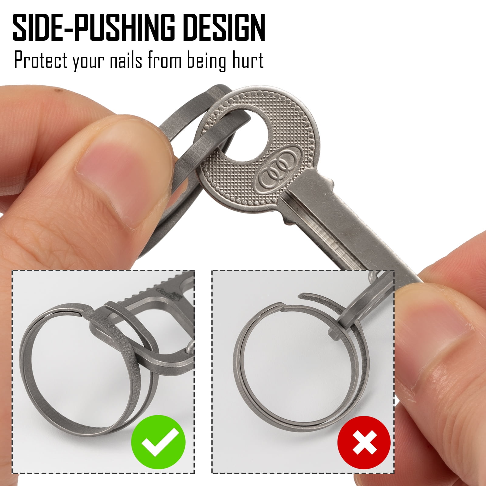 KeyUnity Key Rings, 3 Pack Titanium Split Side Pushing Key Rings for Key  Carabiner Flashlight Knife Dog Tag Ring KA02 (1.04'',0.75'',0.53'') 