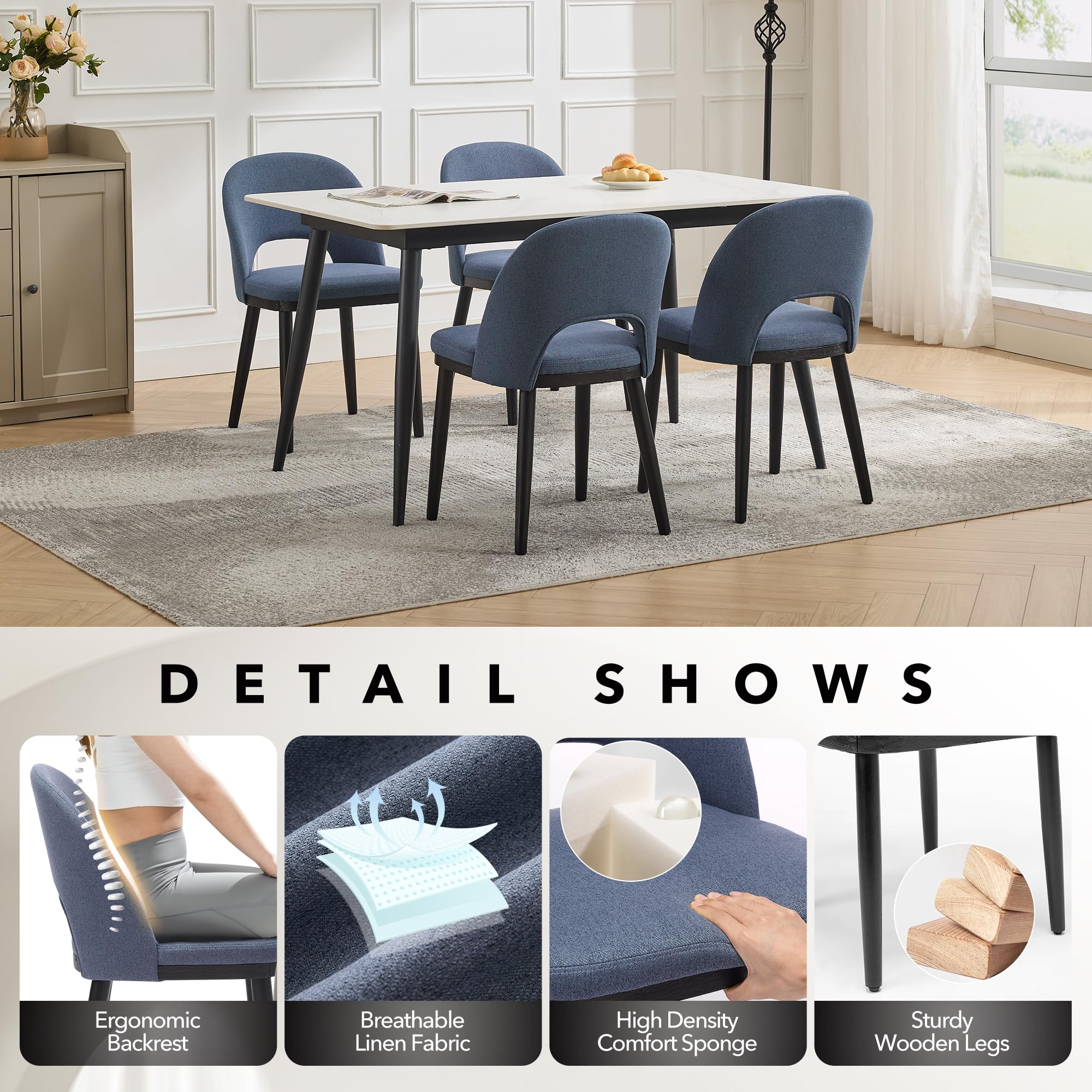Memoryfield Dining Chairs Set of 2, Modern  Upholstered Kitchen Side Chairs with Curved Backrest, Blue