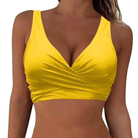 Push Up Bikini Top for Women Large Bust Bathing Suit Tops Halter Full Coverage Swim Top No Bottom Yellow XL