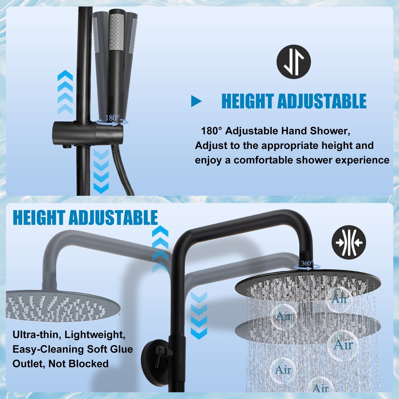iMeshbean Black Shower Faucet Set 8" Rainfall Shower Head Combo System w/ Mixer Valve Kit