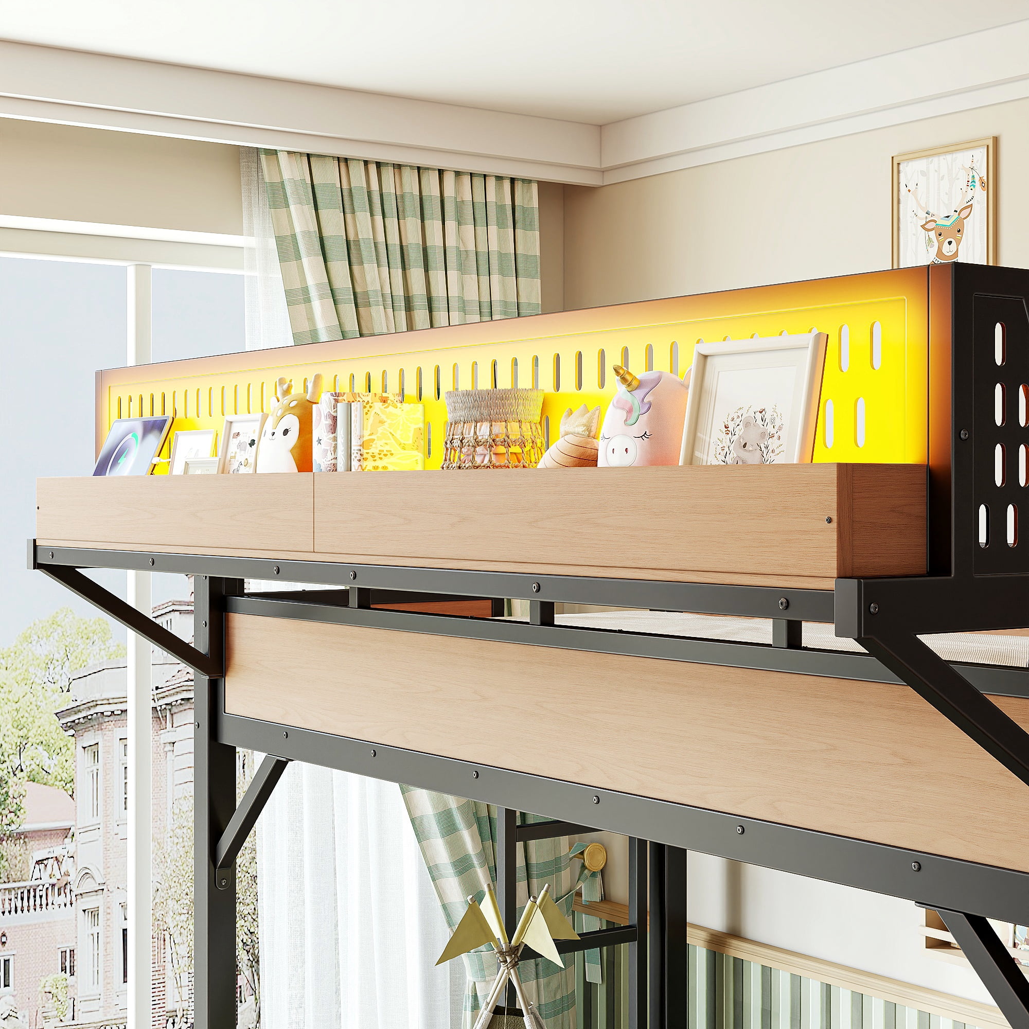 Leumius Twin XL Size Loft Bed with Slide,Storage Shelves and Built-in Wardrobe,Metal Loft Bed Frame with USB Ports and LED Lights,Pegboard,Safety and Solid,