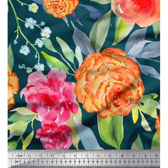 Soimoi Blue Cotton Voile Fabric Leaves,Peach & Pink Floral Printed Craft Fabric by The Yard 56 Inch Wide