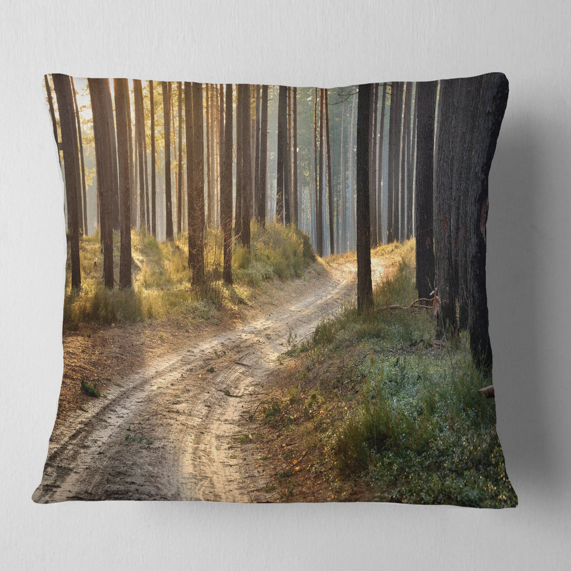 Designart Road in Thick Morning Forest - Landscape Photo Throw Pillow - 18x18