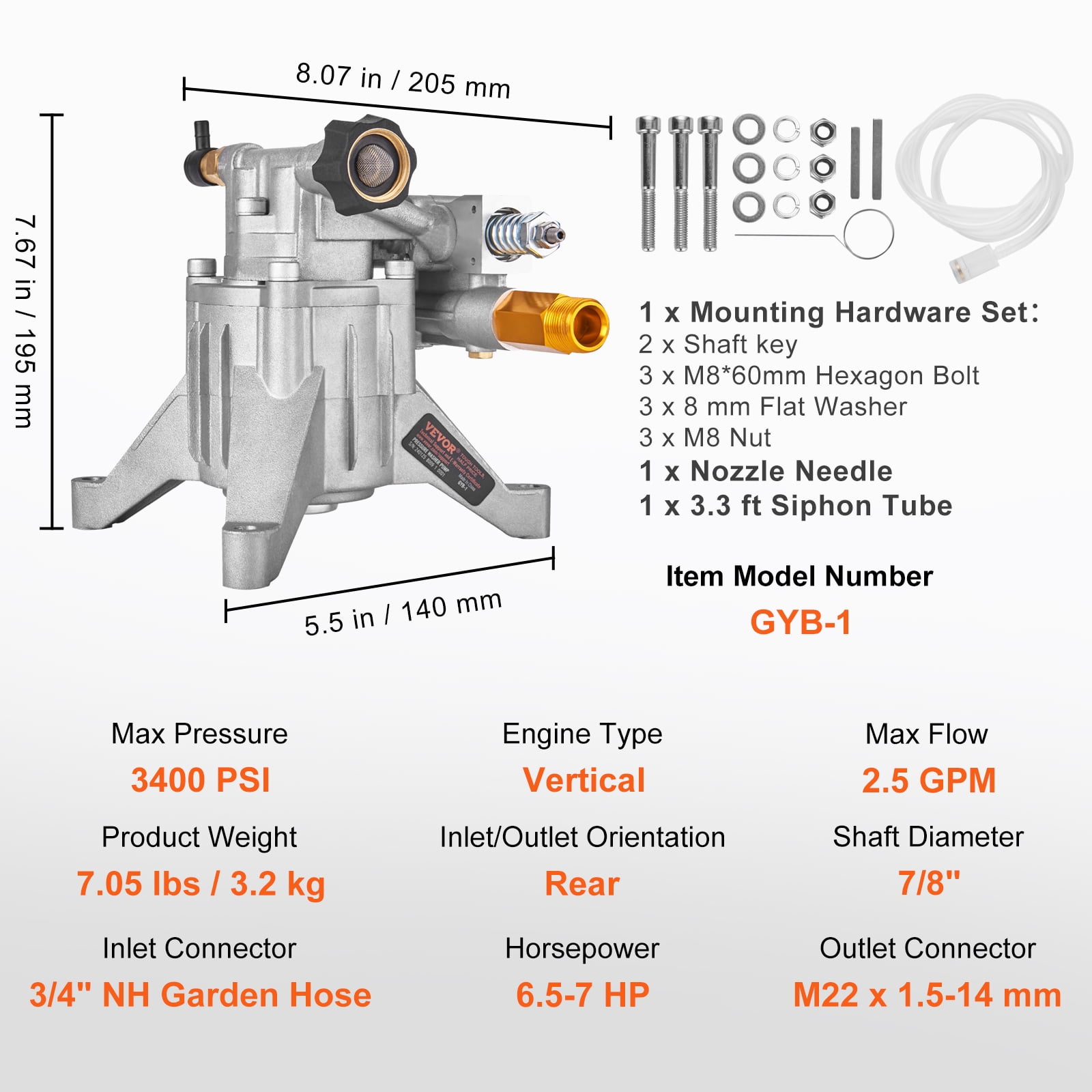 KFFKFF Power Washer Pump, Vertical Shaft of 7/8", 3400 PSI, 2.5 GPM, Substitute Washer Pumps Kit, Component Washer Pump, Suitable for Honda, Simpson, RYOBI, Briggs & Stratton, Subaru, Craftsman