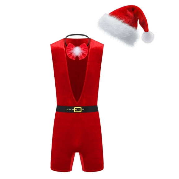 vastwit Men Christmas Santa Claus Fancy Dress Party Outfit Velvet T Shirt and Shorts A Red XXL