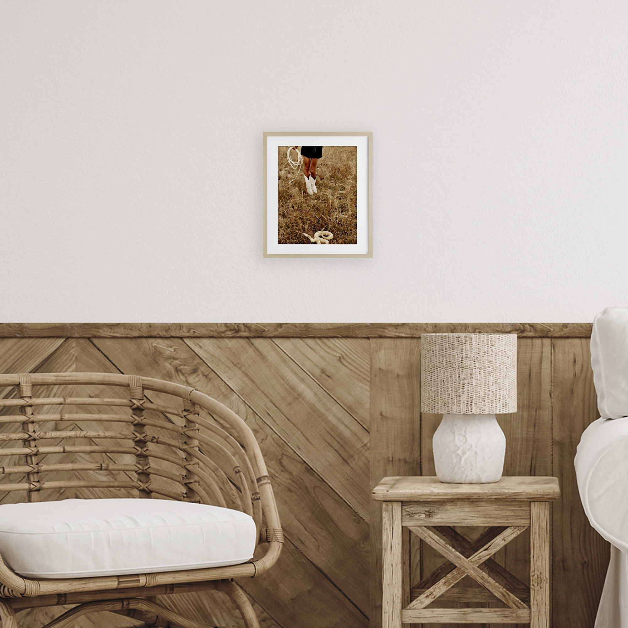 With Her Lasso & Snake Birch Framed Print Under Glass, design by Jesse Keith