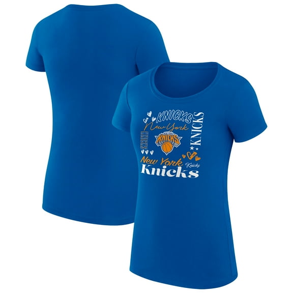 Women's G-III 4Her by Carl Banks Blue New York Knicks Super-Slim Fit Lightweight Team Name Collage Graphic T-Shirt