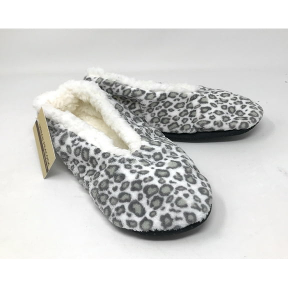 Women's Plush Fleece Lined Cozy Sherpa Gripper Slippers in Cheetah Animal Print: White with Gray