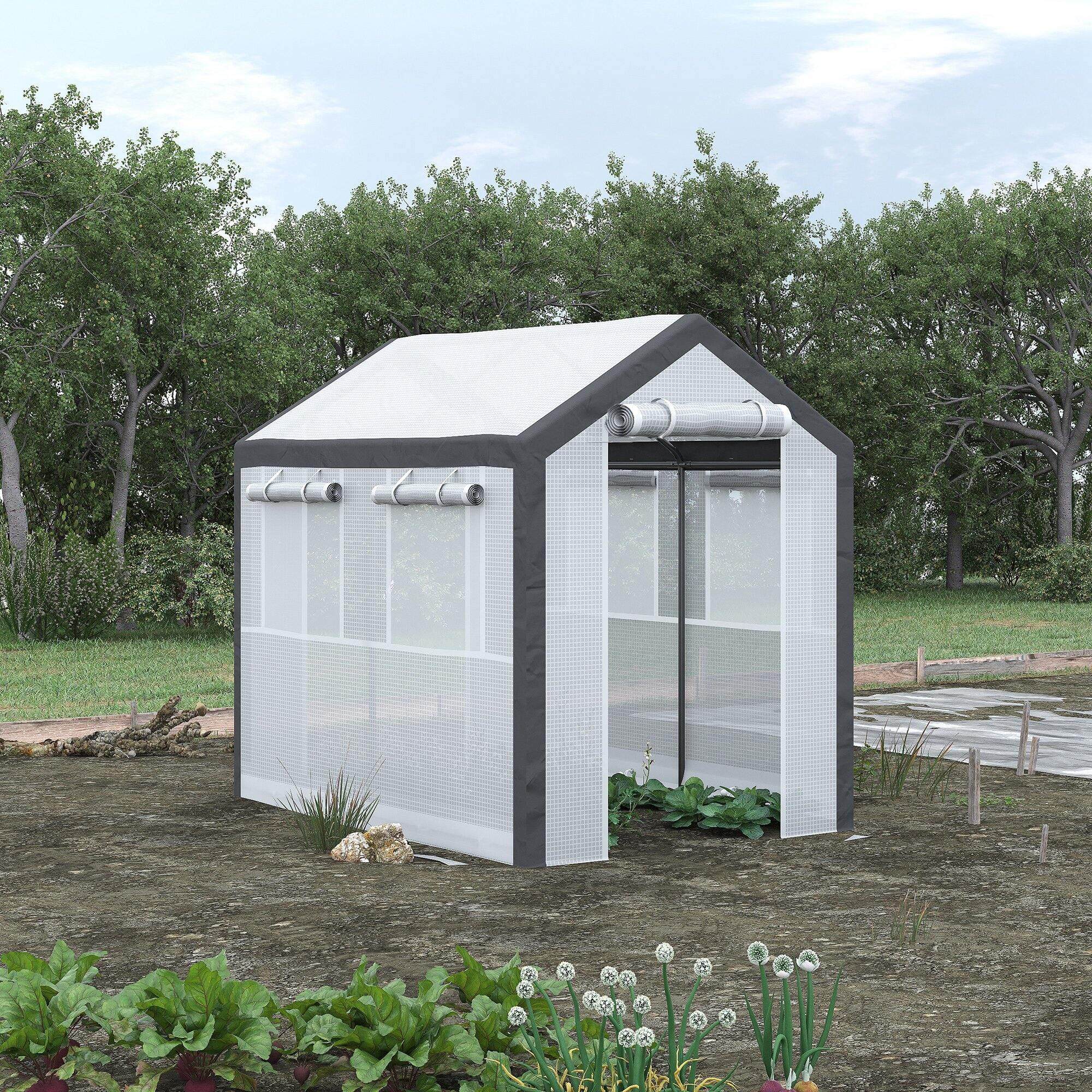 Outdoor Storage Shed Outsunny 8' x 6' x 7.5' Walk-In Greenhouse, Outdoor Gardening Canopy with 6 Roll-up Windows, 2 Zippered Doors & Weather Cover, White,Garden Storage Shed