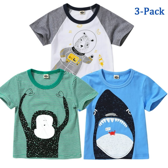 URMAGIC Baby Boys Short Sleeve Crewneck Cartoon Animal Graphic Striped T-shirt Tee Tops 3Pcs Toddler Kids Basic Tee