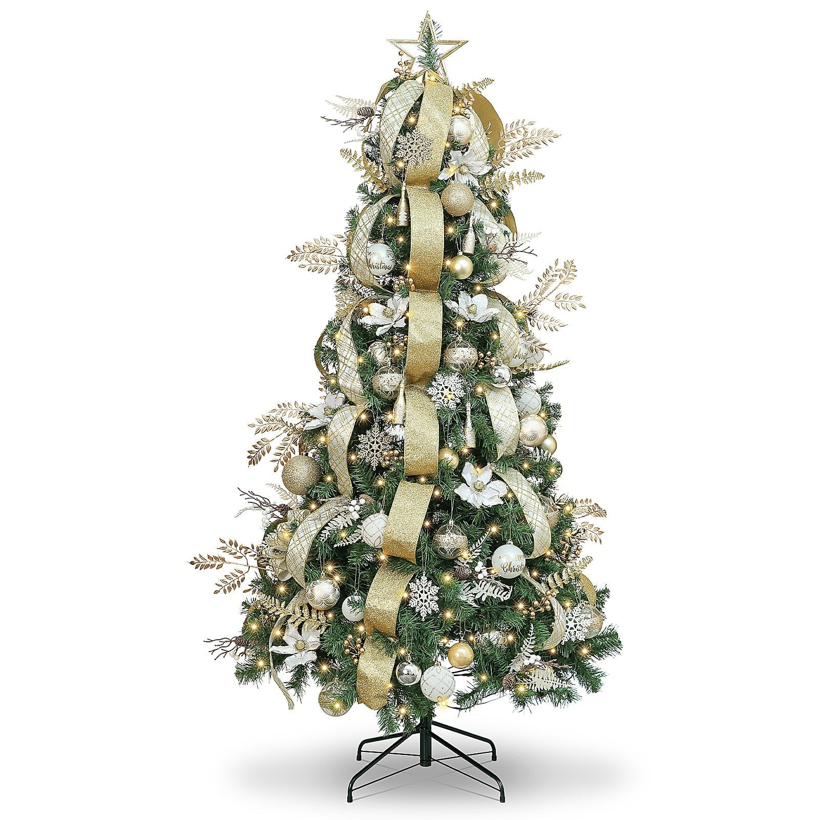 WBHome 7FT Decorated Artificial Christmas Tree with Ornaments and Lights, White Gold Christmas