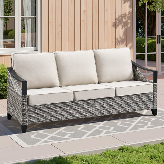 Arnahaishe Wicker Outdoor 3 Seater Sofa Patio Rattan Couch with Beige Cushions for Porch, Yard, Garden