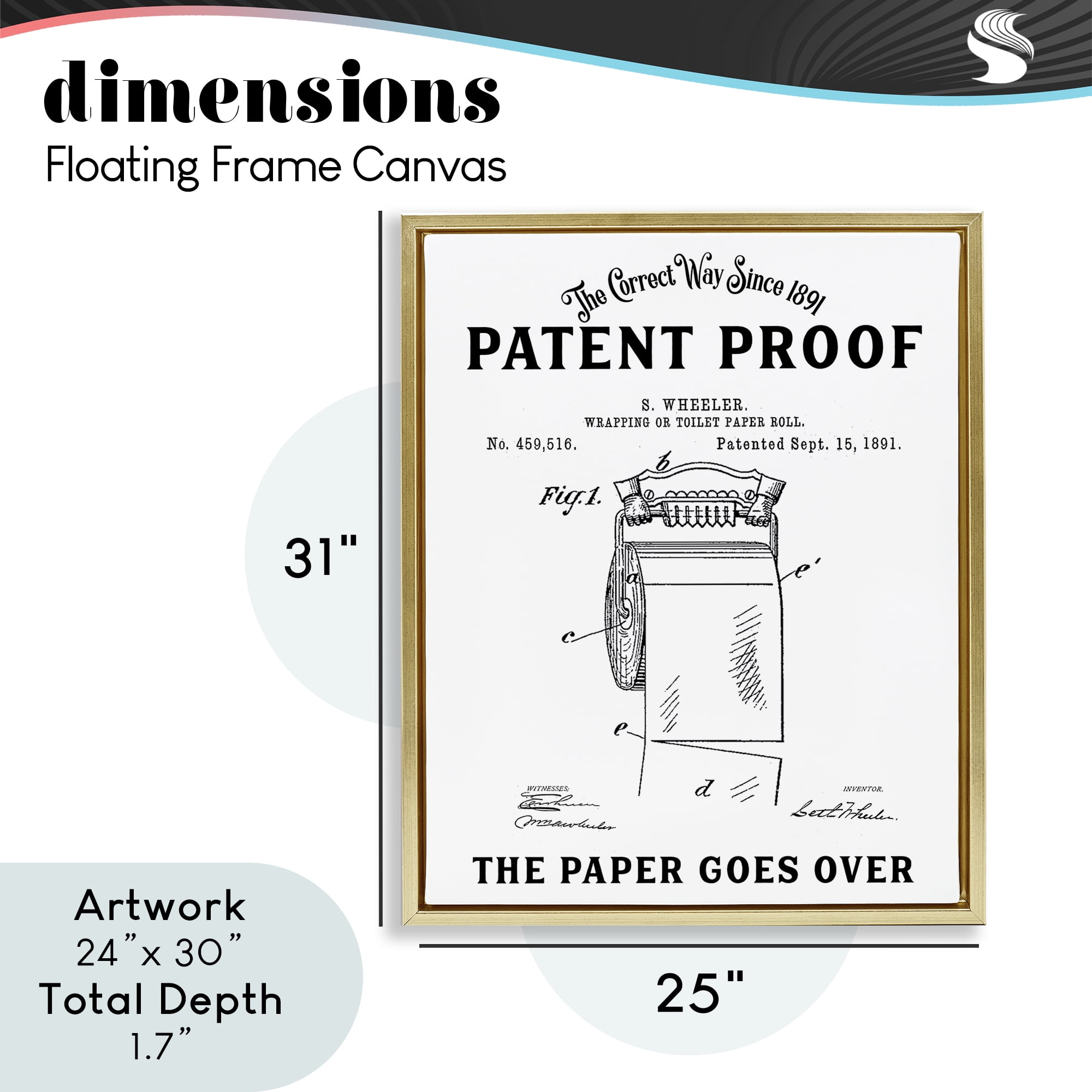 Toilet Paper Goes Over Gold Framed Floater Canvas Wall Art, design by Lettered and Lined
