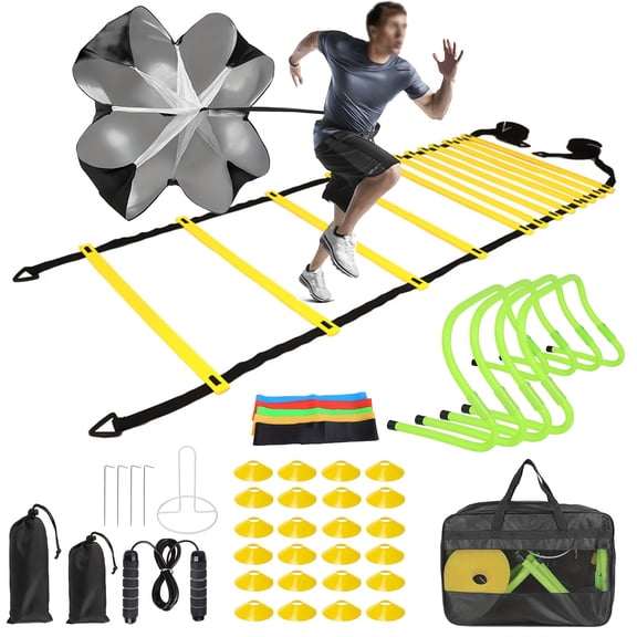 42pcs Agility Ladder Football Training Equipment Set Include 4 Agility Hurdles 24 Cones Running Parachute 12ft Ladder