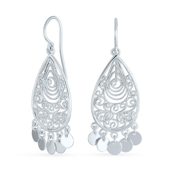 Bling Jewelry Womens Bali  Style Teardrop Dangling Coins Statement Earrings Sterling Silver