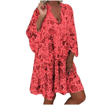 

Hfyihgf Women s Summer Boho Tunic Dress Floral Printed Bell 3/4 Sleeve Casual Loose Button V Neck Ruffle Swing Mini Dresses Plus Size(Red M)
