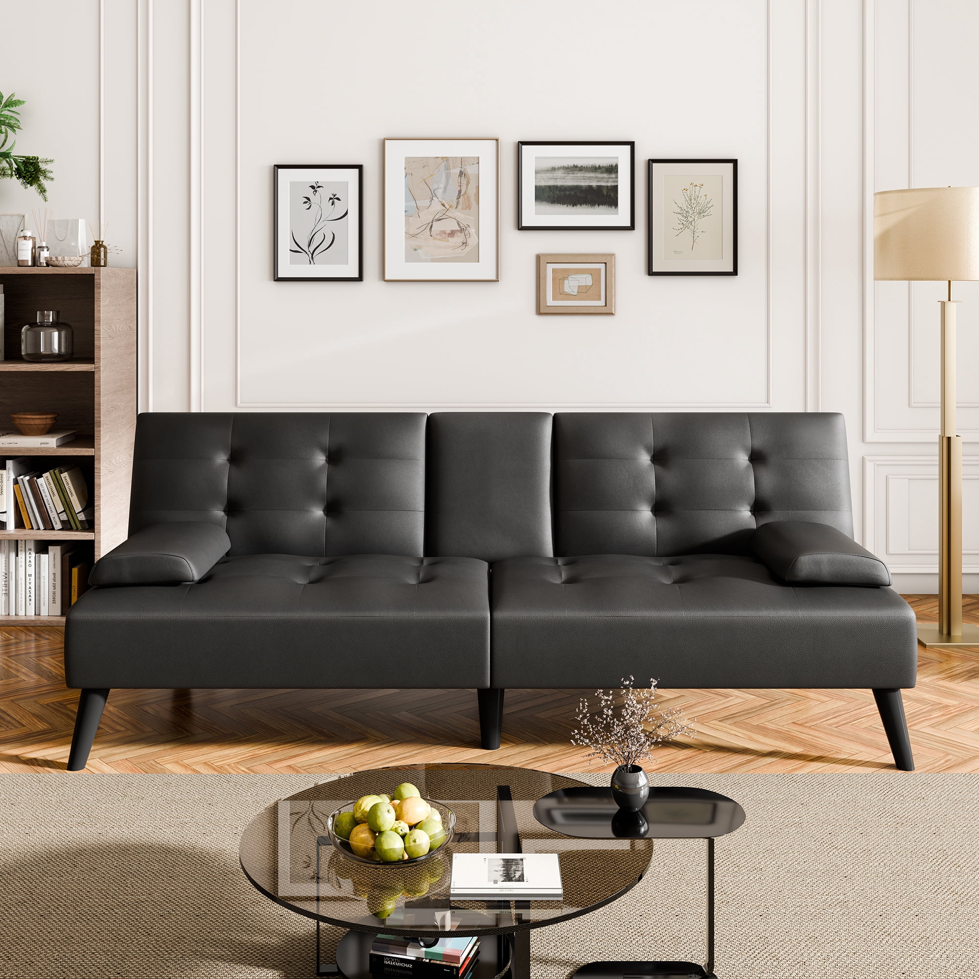 Walsuuny Futon Sofa Bed Adjustable Futon with 2 Cup Holders & Removable Arms Convertible Folding Recliner faux leather sofa,Black