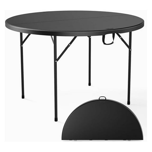 REKHH Black 48" Round Bi-Folding Commercial Table, 4 Feet Portable Plastic Dining Card Table for Kitchen or Outdoor Party Wedding Event, 2-Pack